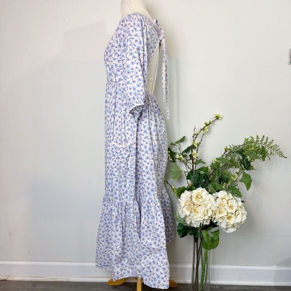 Damson Madder Greta Ditsy Floral Midi Dress Blue White US 6 / UK 10 Organic Cott - Picture 5 of 12